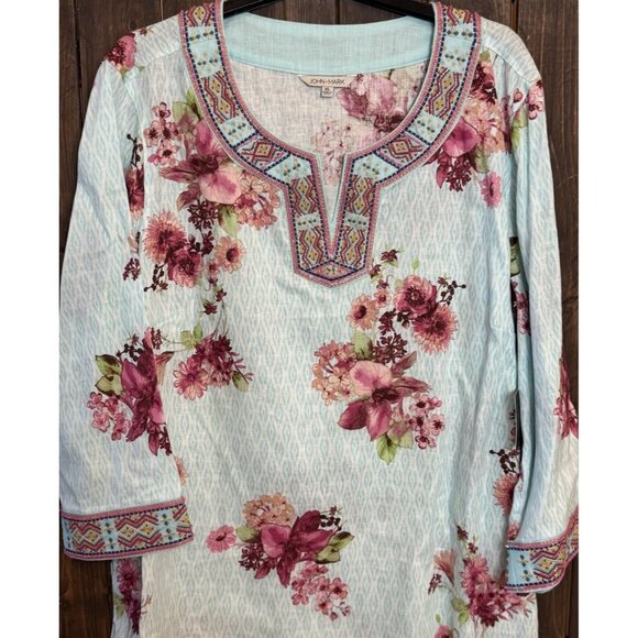 John Mark Tops - John Mark Size XL Ice Blue Floral Embroidered Beaded 3/4 Sleeve Tunic Top
